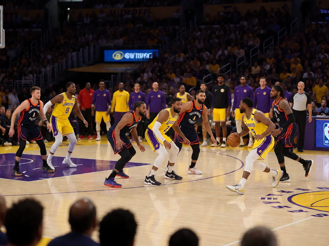 NBA季后赛湖人队与勇士队激烈对抗比赛现场